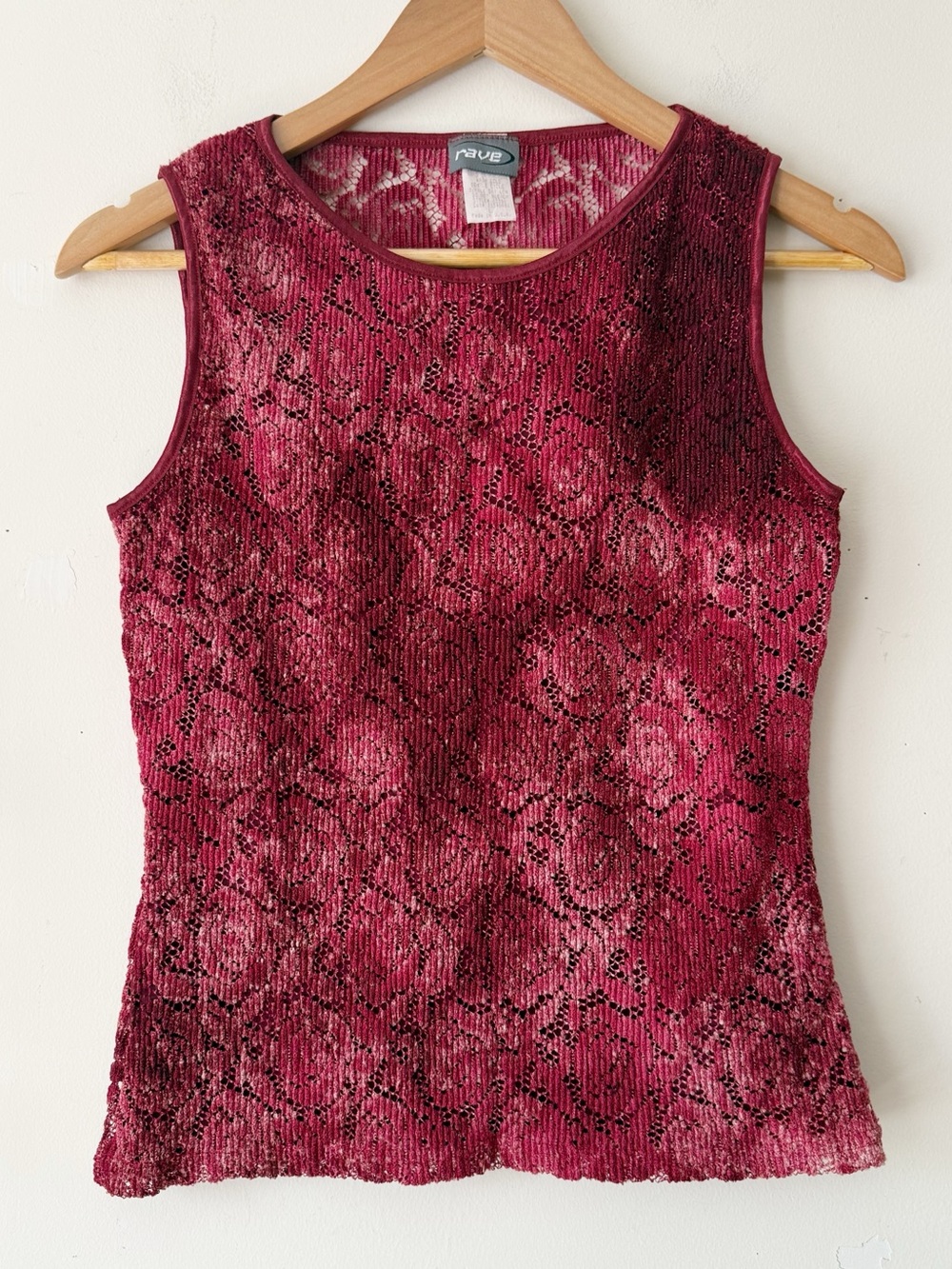 Vintage 90s Rave Burgundy Floral Lace Plissé Pleated Tank Top Made in USA Large